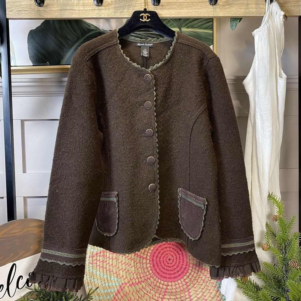Women’s Alexandra Bartlett Wool Sweater Jacket Large Artisanal Sz L Wool Brown